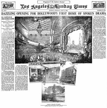 Front page report on, and illustrations of, the theatre ahead of its opening night, as printed in the 2nd May 1926 edition of the <i>Los Angeles Times</i> (7.7MB PDF)