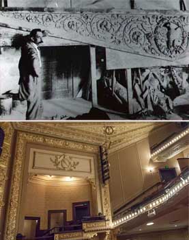 1914 photo of Hannibal Pianta beside one of the large plaster pieces for the Empire Theatre as printed in the <i>San Antonio Express-News</i>; and below, the piece in place above the house right boxes (JPG)