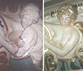 Plaster maiden on proscenium, found to have been covered-up in burlap at some point, alongside the now de-clothed and restored maiden reflecting the original design – photo from the archived <i>Battersby Ornamental</i> website (JPG)