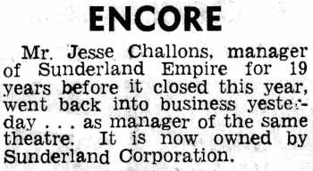News of the theatre’s previous manager being brought back for the theatre’s reopened in late 1959, as printed in the 29th November 1959 edition of the <i>Sunday Sun</i> (220KB PDF)