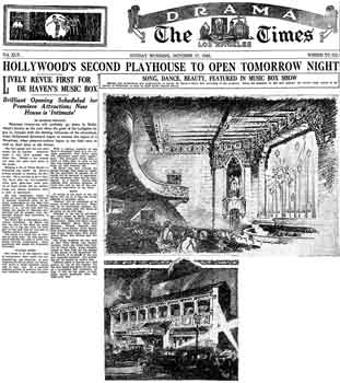 Preview of the theatre’s opening, planned for 18th October 1926, as printed in the 17th October 1926 edition of the <i>Los Angeles Times</i> (800KB PDF)