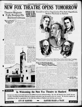 Four page pre-opening feature from the 24th December 1929 edition of the <i>Hanford Morning Journal</i> (3.1MB PDF)