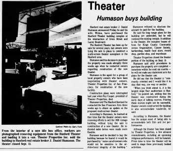 News of the theatre’s purchase by Dan Humason, as reported in the 20th September 1980 edition of <i>The Hanford Sentinel</i> (450KB PDF)