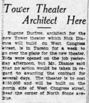 News of the theatre’s architect visiting Tucson, as printed in the 9th August 1929 edition of the <i>Tucson Daily Citizen</i> (300KB PDF)