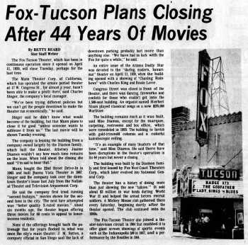 News of the theatre’s imminent closure, as printed in the 13th June 1974 edition of <i>The Arizona Daily Star</i> (1.5MB PDF)