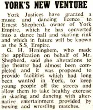 News of the theatre being granted a licence to reopen as a dance hall / skating rink, as published in the 26th June 1958 edition of <i>The Stage</i> (100KB PDF)