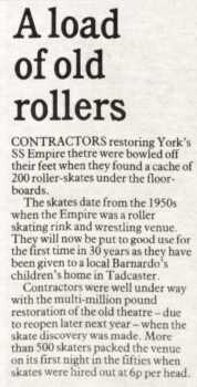 News of a historic find at the theatre during its renovation, as printed in the 5th January 1989 edition of <i>The Stage</i> (100KB PDF)