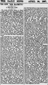 Preview of the opening night at Her Majesty’s Theatre as printed in the 26th April 1897 edition of <i>The Daily News</i> (460KB PDF)