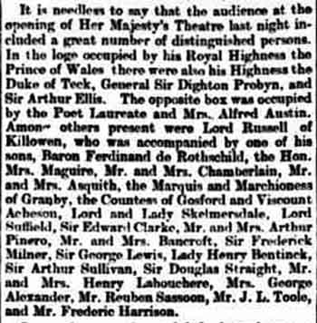 Summary of the guests in attendance of the opening of the theatre as printed in the 29th April 1897 edition of <i>The Daily Telegraph</i> (210KB PDF)
