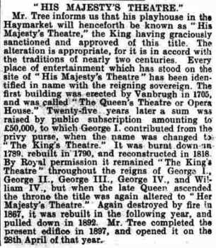 News of the theatre to be called <i>His Majesty’s Theatre</i>, as reported in the 25th August 1902 edition of <i>The Globe</i> (220KB PDF)