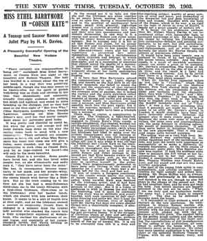 Review of the opening night, as printed in the 20th October 1903 edition of the <i>New York Times</i> (260KB PDF)