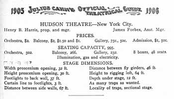 Information about the Hudson Theatre as presented in <i>Julius Cahn’s Official Theatrical Guide (Volume 10, 1905-1906)</i>, held by the Smithsonian Libraries and digitized by the Internet Archive (180KB PDF)