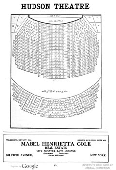 Seating chart for the Hudson Theatre from the 1910 edition of <i>Tyson’s diagrams of New York Theatres</i>, held by the University of Illinois at Urbana-Champaign and digitized by Google (360KB PDF)
