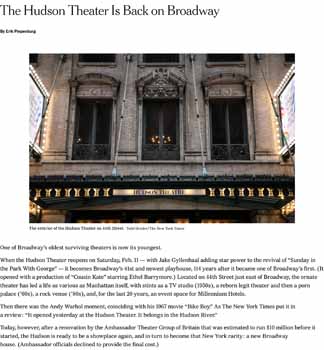 The <i>New York Times</i> reports on the theatre’s history, restoration, and reopening, in early February 2017 (630KB PDF)