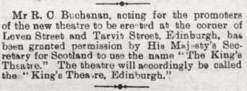 News of the new theatre being granted use of the King’s Theatre name, as printed in the 12th March 1905 edition of <i>The Motherwell Times</i> (250KB PDF)
