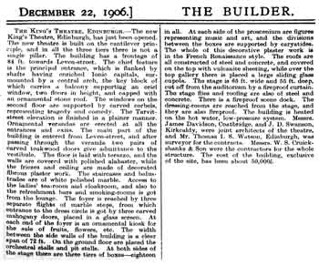 Brief review of the recently-opened theatre as printed in the 22nd December 1906 edition of <i>The Builder</i>, courtesy Getty Research Institute (360KB PDF)