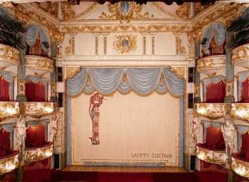 Auditorium with Safety Curtain in 1985 prior to the 1985 refurbishment, colour-corrected from the original using AI, from the RCAHMS Collection (ref 2107598) held by the Canmore Archive (JPG)