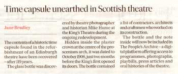 News of Mike Hume’s find of a 119-year-old Message in a Bottle at the theatre, as printed in the 25th February 2025 edition of <i>The Scotsman</i> (180KB PDF)