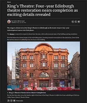 News of the theatre’s restoration nearing completion, as reported in the 3rd April 2026 edition of the <i>Edinburgh Evening News</i> (1MB PDF)