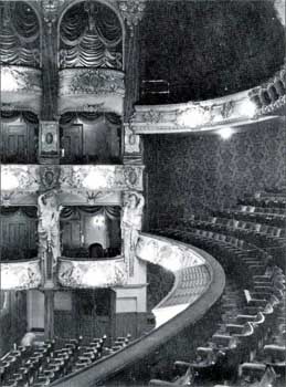 Auditorium, date unknown but between 1956 and 1973, showing topmost level of Boxes hung with draperies and Auditorium walls covered with dark red flocked wallpaper (JPG)