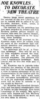 News of artist Joseph Knowles being engaged to paint the theatre’s Venetian-themed murals, as printed in the 13th February 1925 edition of the <i>Astoria Evening Budget</i> (440KB PDF)
