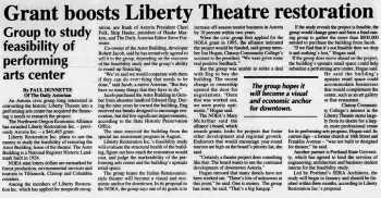News of a grant being awarded to nonprofit <i>Liberty Restoration, Inc.</i>, as reported in the 12th December 1997 edition of <i>The Daily Astorian</i> (1.5MB PDF)