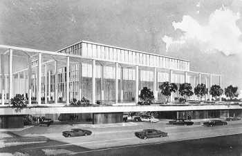 Mid-1964 exterior rendering of the <i>Center Theatre</i> (renamed the <i>Ahmanson Theatre</i> prior to its opening), courtesy Los Angeles Public Library (JPG)