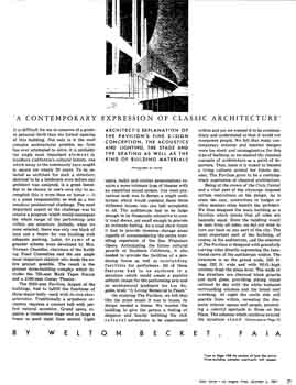 4-page article on the design an architecture of the new <i>Memorial Pavilion</i> (renamed the <i>Dorothy Chandler Pavilion</i> in 1965) by architect Welton Becket as featured in the 6 December 1964 edition of the <i>Los Angeles Times</i> (680 KB PDF)