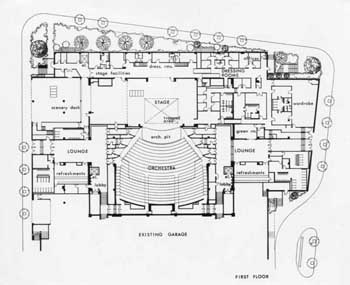 <i>Ahmanson Theatre</i> plans as completed in 1967; all levels from basement to fifth floor, plus longitudinal section (460KB PDF)