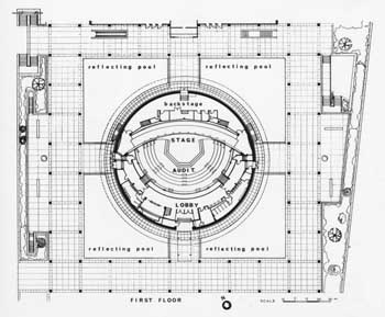 <i>Mark Taper Forum</i> plans as completed in 1967; all levels plus longitudinal section (200KB PDF)
