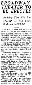 Notice of the theatre’s building as printed in the 27th April 1930 edition of the <i>Los Angeles Times</i> (320KB PDF)