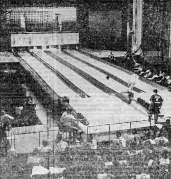 Bowling lanes installed in the auditorium, as printed in the 25th July 1961 edition of <i>The Kansas City Times</i> (JPG)