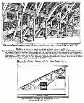 Feature in the 26th August 1917 edition of the <i>Los Angeles Times</i> showing how the balcony was built with a cast concrete truss (180KB PDF)