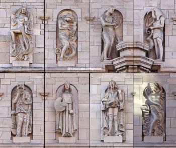 Million Dollar Theatre, Los Angeles: Compilation of the <i>Muses of the Arts</i>, spaced along the Broadway and 3rd Street façades