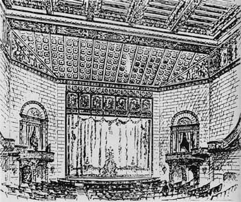 The remodeled 1922 interior, showing faux-stone walls, an ornate curtain, and the paneled mural above the proscenium depicting the signing of the Declaration of Independece. Courtesy <i>Washington DC Library</i> (JPG)