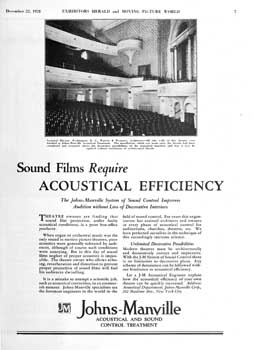 Advertisement for Johns-Manville acoustical treatment from the 22nd December 1928 edition of <i>Exhibitors Herald and Moving Picture World</i>, held by the Library of Congress and scanned online by the Internet Archive (600KB PDF)