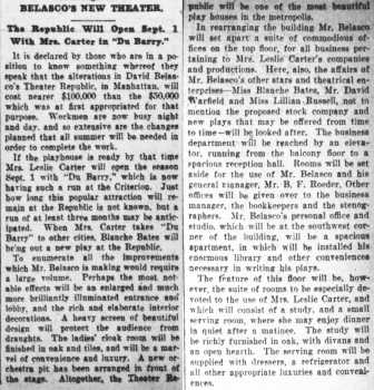 News of the theatre being taken over by David Belasco, as printed in the 6th May 1902 edition of the <i>The Brooklyn Citizen</i> (1.3MB PDF)