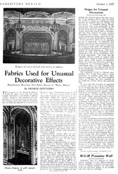 <i>Fabrics Used for Unusual Decorative Effects</i>, featuring the Orpheum Theatre, from <i>Exhibitors Herald</i> (1 October 1927), held by the Museum of Modern Art Library in New York and scanned online by the Internet Archive (850KB PDF)
