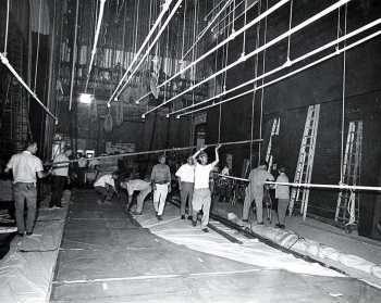 Stage from Stage Left, note Fly Floor and Pin Rail visible on the Stage Right wall; date unknown but between 1968 and 1991 - courtesy Orpheum Theatre crew / IATSE Local 336 (JPG)
