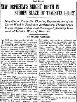 Review of opening night, as printed in the 27th June 1911 edition of the <i>Los Angeles Times</i> (2.5MB PDF)