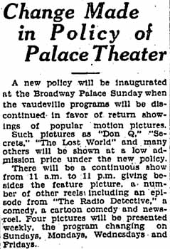 14th July 1926 article from the <i>Los Angeles Times</i> announcing the new movies-only policy at the <i>Broadway Palace</i> (220KB PDF)