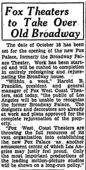 Announcement in the 18th September 1929 edition of the <i>Los Angeles Times</i> intimating Fox West Coast Theatres’ takeover of the Palace (275KB PDF)