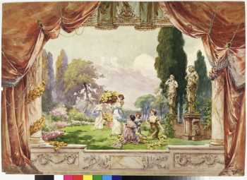 Drop Curtain design by the Twin City Scenic Co., highly similar to the paintings added to the theatre in late 1929 by Anthony Heinsbergen, courtesy <i>University of Minnesota</i> (JPG)