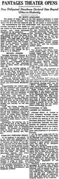 Review of the theatre’s opening night as printed in the 6th June 1930 edition of the <i>Los Angeles Times</i> (150KB PDF)