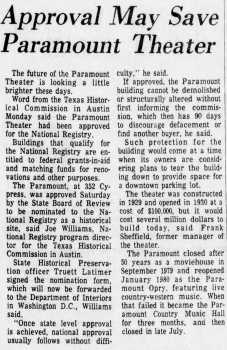 Discussion of the theatre’s future as featured in the 11th November 1980 edition of the <i>Abilene Reporter-News</i> (270KB PDF)