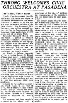 Review of the inaugural concert by the Pasadena Civic Orchestra in the Civic Auditorium as reported in the 18th February 1932 edition of <i>The Los Angeles Times</i> (890KB PDF)