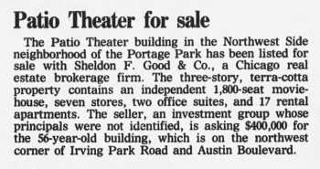 News of the theatre up for sale, as printed in the 26th May 1985 edition of the <i>Chicago Tribune</i> (60KB PDF)