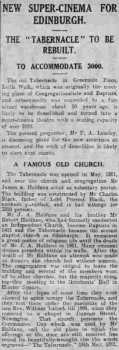 News of a new super-cinema for Edinburgh, as printed in the 16th April 1927 edition of the <i>Edinburgh Evening News</i> (190KB PDF)