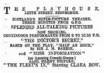 Playhouse newspaper advert, as printed in the 13th August 1929 edition of <i>The Scotsman</i> (130KB PDF)