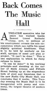 Preview of the opening of the Radio City Music Hall, as printed in the 25th December 1932 edition of the <i>New York Times</i> (370KB PDF)